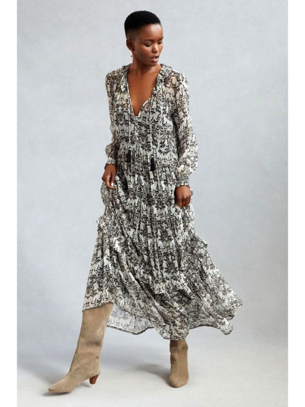 NWT Anthropologie The Marais in Black & White Rabbit Print Chiffon Maxi Dress SP